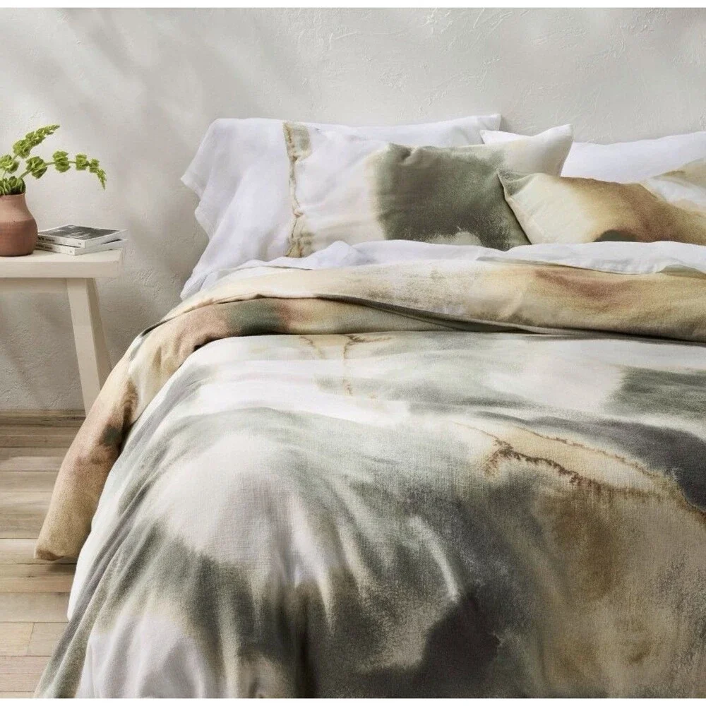 Queen Heavyweight Linen Blend Duvet Cover and Sham Set Washed Watercolor Print